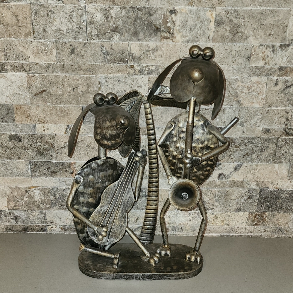 Metallic Art Sculpture with Two Dogs  Musical  Gray/ Black Metallic Color